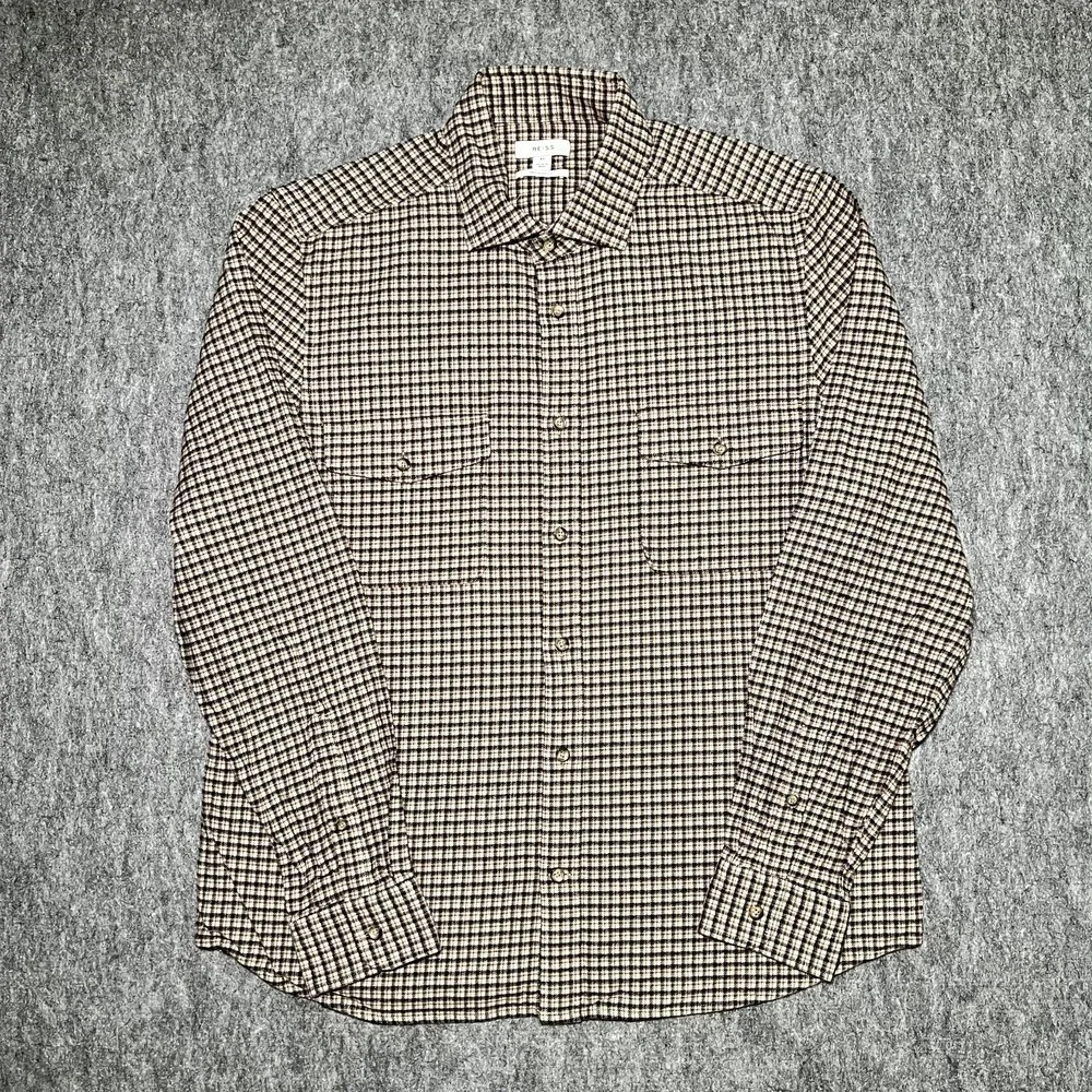 Reiss Regular Fit Plaid Checked Button Down Shirt Brown XL Cotton Blend